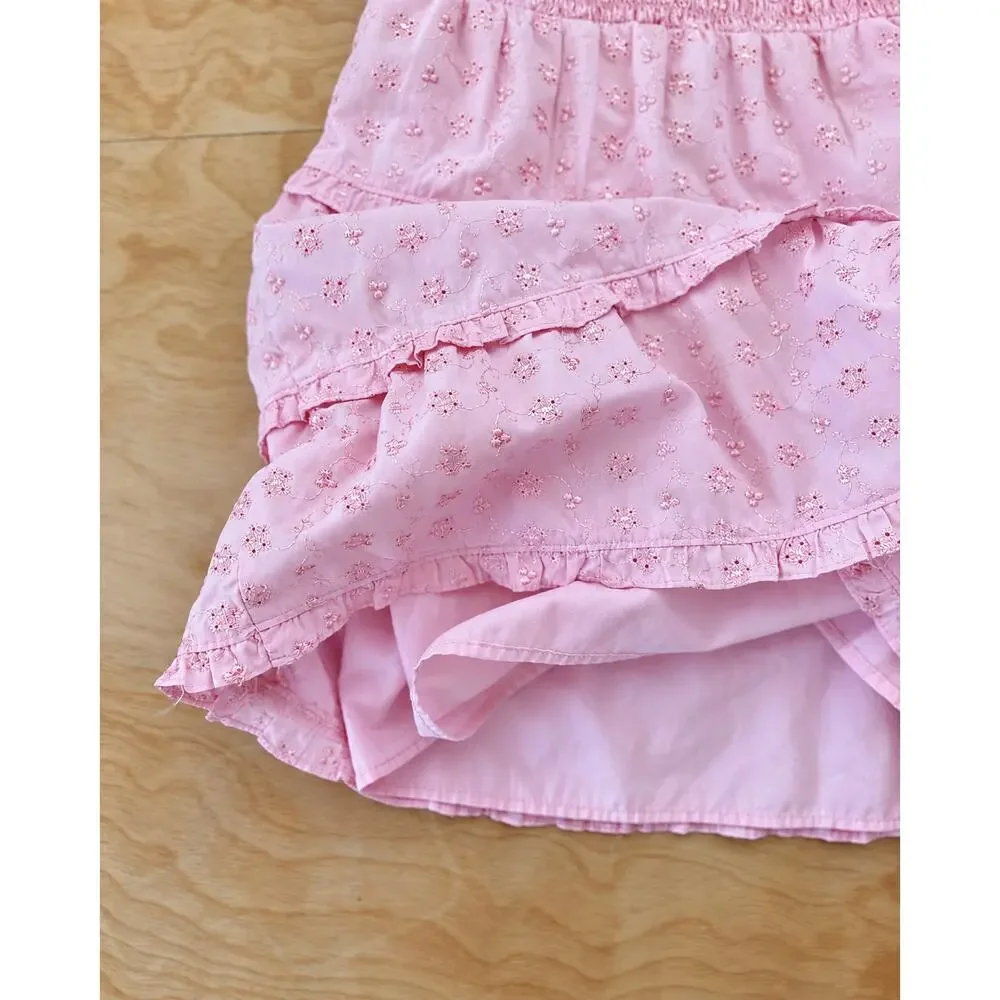 Penelope Mack Girls Size 5 Pink Eyelet Smocked Tiered Ruffle Dress Embroidered